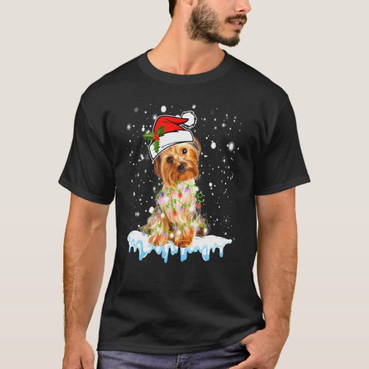 Yorkshire Terrier Santa Hat Xmas Lights Hond T-shirt (Voorkant)