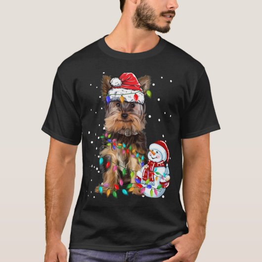 Yorkshire Terrier Santa Hat Xmas Lights T-shirt (Voorkant)