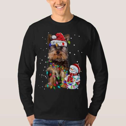 Yorkshire Terrier Santa Hat Xmas Lights T-shirt (Voorkant)