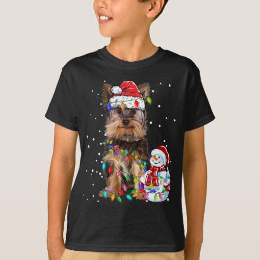 Yorkshire Terrier Santa Hat Xmas Lights T-shirt (Voorkant)