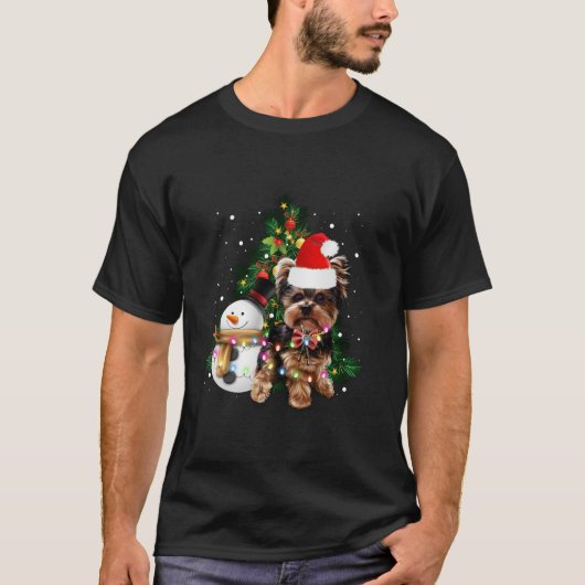 Yorkshire Terrier Santa Hat Xmas Lights T-shirt (Voorkant)