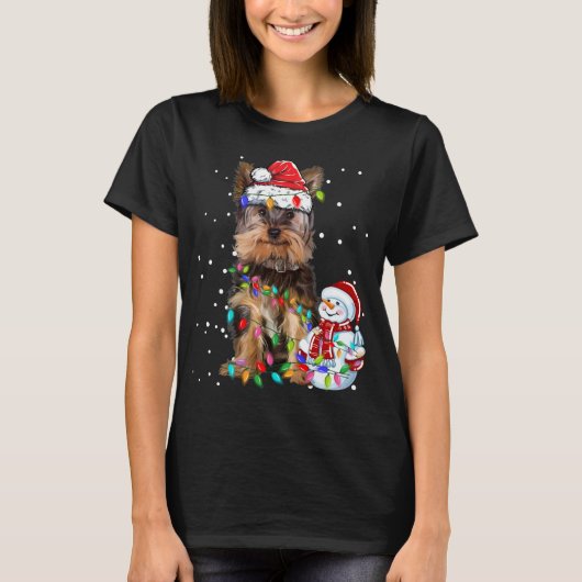 Yorkshire Terrier Santa Hat Xmas Lights T-shirt (Voorkant)