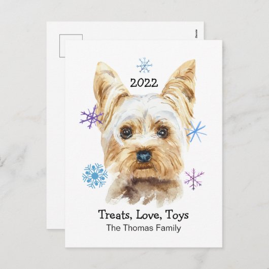 Yorkshire Terrier Sneeuwvlokken Aangepaste Tekst K Feestdagenkaart (Voorkant / Achterkant)