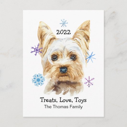 Yorkshire Terrier Sneeuwvlokken Aangepaste Tekst K Feestdagenkaart (Voorkant)