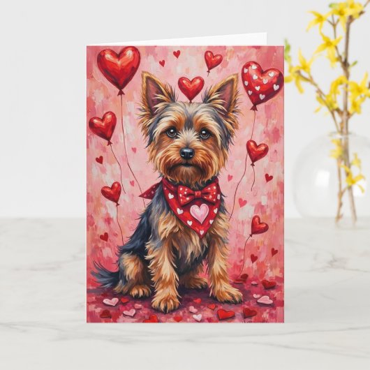 Yorkshire Terrier Valentine Dog Sitting with Heart Kaart (Gele Bloem)
