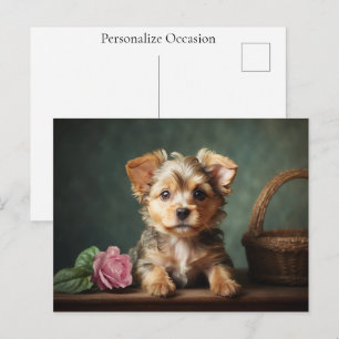 Yorkshire Terrier Vintage Mooie Puppy Roos Portret Feestdagenkaart