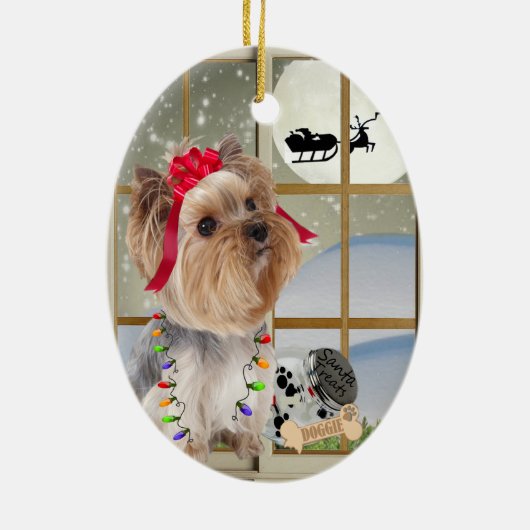 Yorkshire Terrier Watching for Santa Ornament (Achterkant)