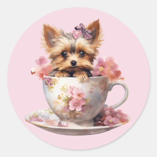 Yorkshire Terrier Zittend in Tea Cup Met Bloemen Ronde Sticker (Voorkant)