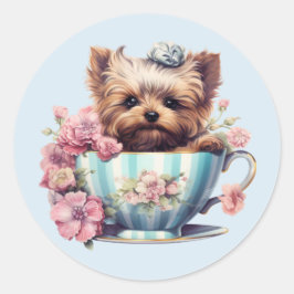 Yorkshire Terrier Zittend in Tea Cup Met Bloemen Ronde Sticker