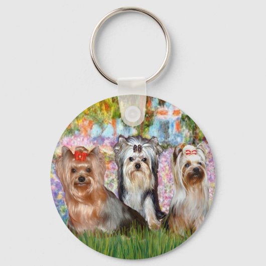 Yorkshire Terriers (drie) - Tuin Sleutelhanger (Voorkant)