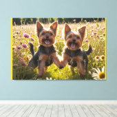 Yorkshire Terriers spelen in het gras Canvas Afdruk (Insitu (Houten vloer))