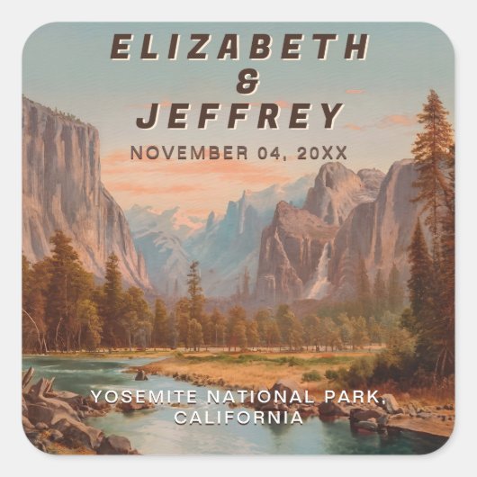 Yosemite National Park Bruiloft Waterverf Vintage Vierkante Sticker (Voorkant)