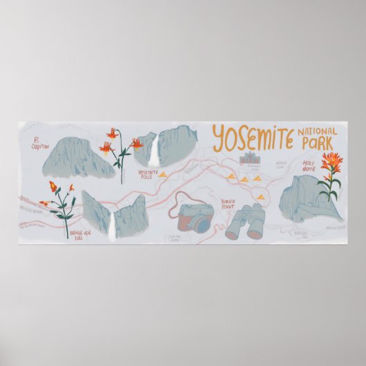 Yosemite National Park Map Illustratie grijs Poster (Voorkant)