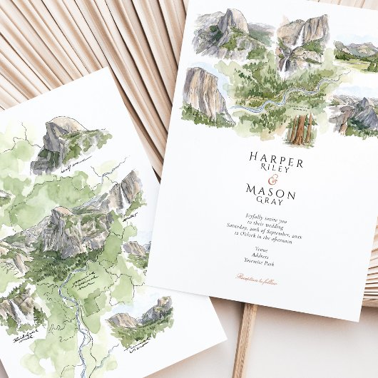 Yosemite National Park Watercolor Map Wedding Kaart