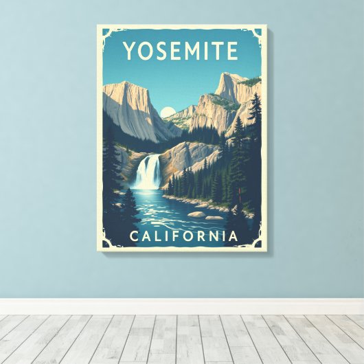Yosemite Waterfall California Retro Canvas Afdruk (Insitu (Houten vloer))