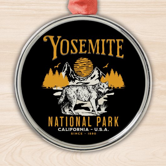 Yosemite Woodland Scenery with Retro Wolf Metalen Ornament
