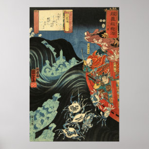 Yoshitsune vs. de Taira-geesten: Oude houtsnede Poster