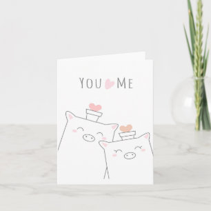 You and Me Cute Pig Pink Heart Love Greeting Card Kaart
