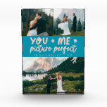 You and Me Picture Perfect Newlywed Aqua Blue Fotoblokken<br><div class="desc">Whimsical and playful wedding keepsake featuring 3 photos of the newlyweds with a typography text that says "you   me = picture perfect." Aqua blue.</div>