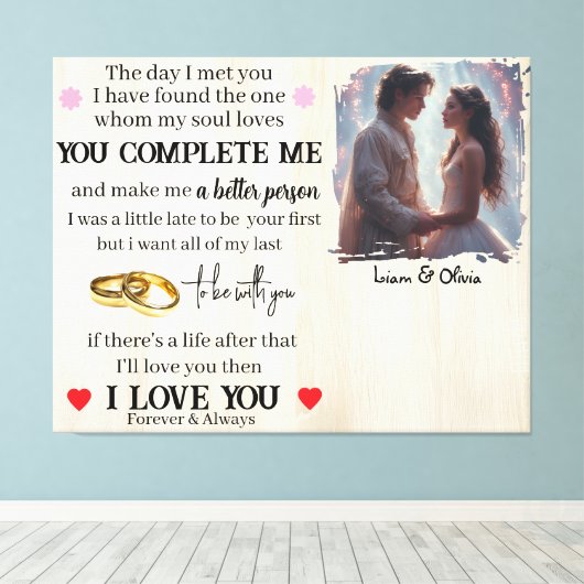 You Complete Me Custom Photo Wedding Anniversary Canvas Afdruk (Insitu (Houten vloer))