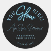 You Glow Girl Afstudeerder Blue Neon Script Afstud Ronde Sticker (Voorkant)