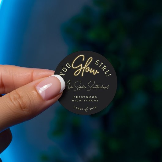 You Glow Girl Afstudeerder Yellow Neon Script Afst Ronde Sticker