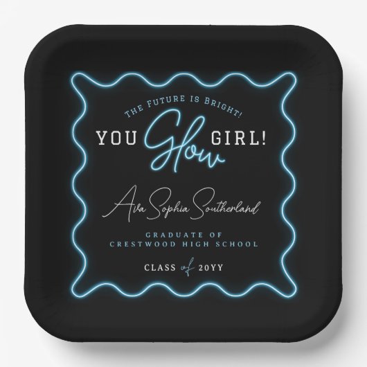 You Glow Girl Retro Wavy Blue Neon Afstuderen Papieren Bordje (Voorkant)