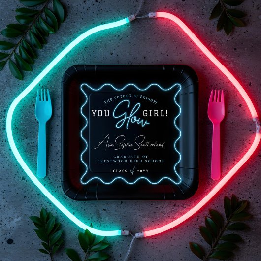 You Glow Girl Retro Wavy Blue Neon Afstuderen Papieren Bordje