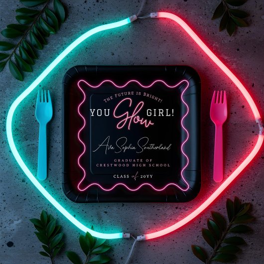 You Glow Girl Retro Wavy Roze Neon Afstuderen Papieren Bordje