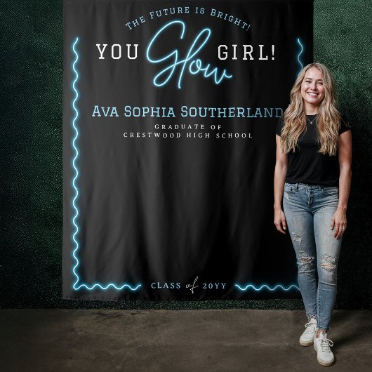 You Glow Girl Script Blue Neon Afstudeerfeest Wandkleed