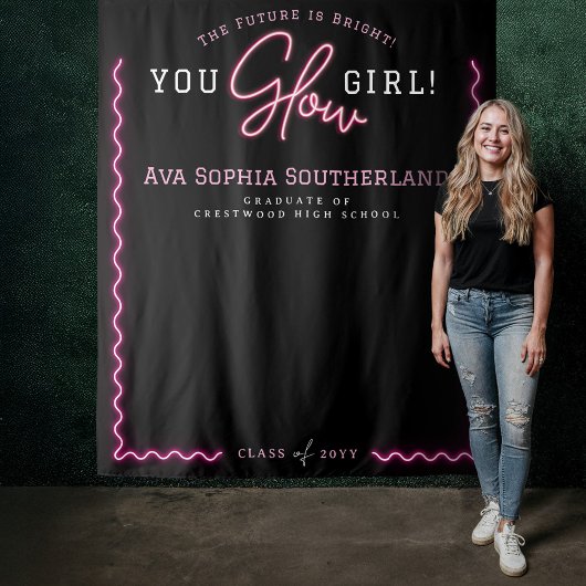 You Glow Girl Script Pink Neon Afstudeerfeest Wandkleed