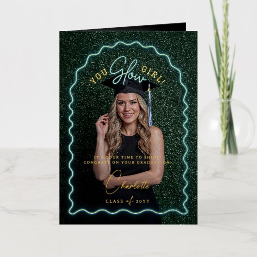 You Glow Girl Wavy Blue Neon Afstuderen Foto Folie Wenskaart (Voorkant)