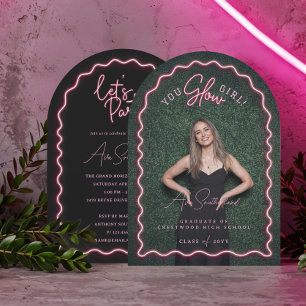 You Glow Girl Wavy Pink Neon Afstuderen Foto Kaart
