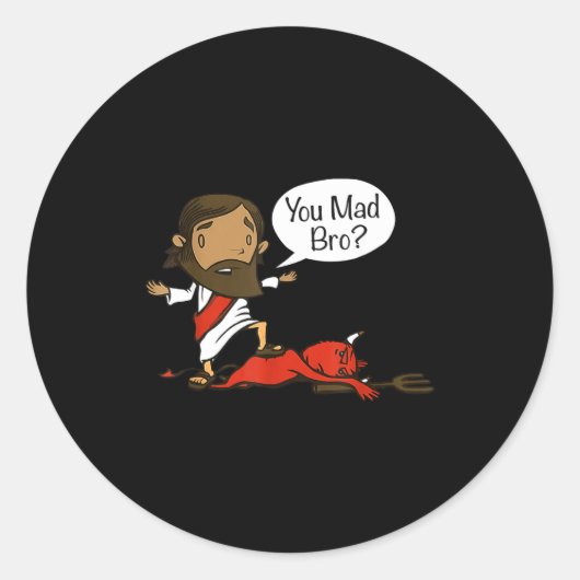 You Mad Bro - Funny Christian Jesus And Devil Ronde Sticker (Voorkant)