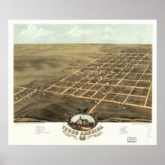 Young America Illinois 1869 Antiek Panoramic Map Poster (Voorkant)