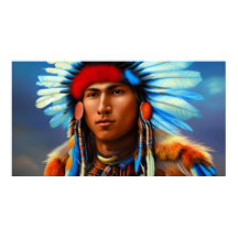 Young American Indian Man met blauwe veren veren v
