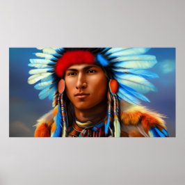 Young American Indian Man met blauwe veren veren v Poster