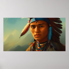 Young-American Indian Man met veren  Poster