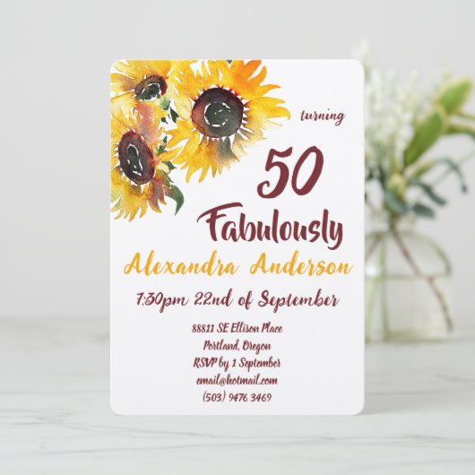 Young at Heart Zonnebloem Fabulous 50 Kaart (Staand voorkant)