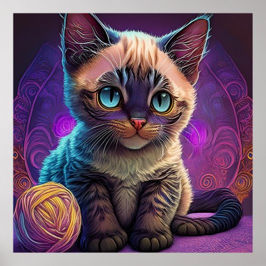 Young Blue Eyed Kitten With Ball Of Yarn Poster (Voorkant)