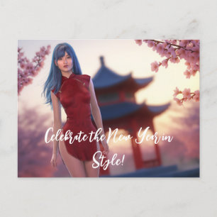 Young Cheongsam Beauty poseert voor Chinees Nieuwj Briefkaart