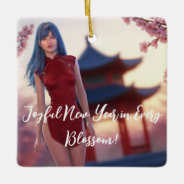 Young Cheongsam Beauty poseert voor Chinees Nieuwj Keramisch Ornament