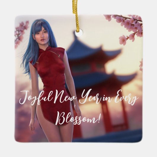 Young Cheongsam Beauty poseert voor Chinees Nieuwj Keramisch Ornament (Voorkant)