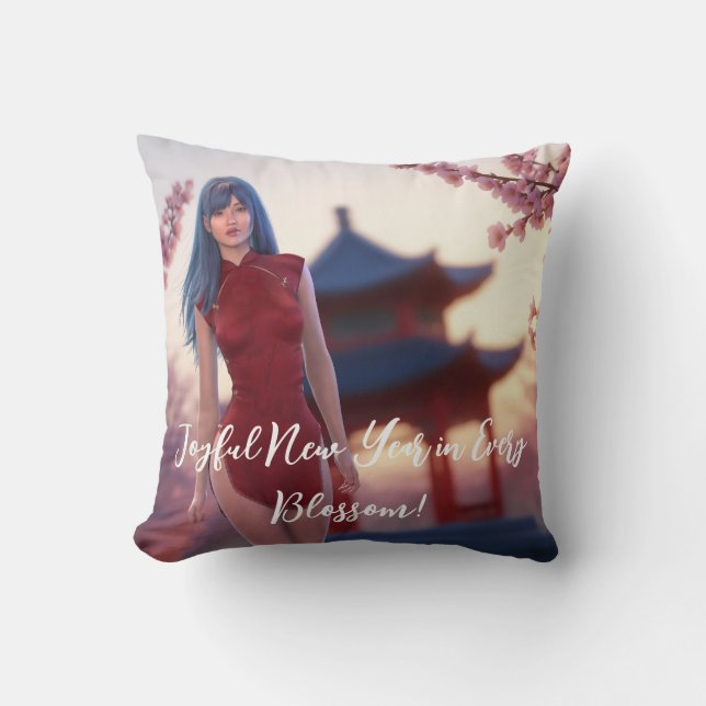 Young Cheongsam Beauty poseert voor Chinees Nieuwj Kussen (Voorkant)