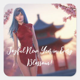 Young Cheongsam Beauty poseert voor Chinees Nieuwj Vierkante Sticker