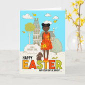Young Child African American Girl Easter Kaart (Gele Bloem)