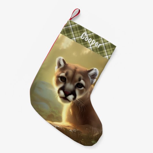 Young Cougar Wildlife Portrait Personalized Kleine Kerstsok (Voorkant (Hangend))