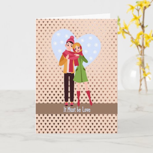 Young Couple met hartachtergrond, Romance Kaart (Gele Bloem)