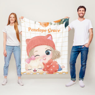 Young Girl and Cat Oranje Rozen + Custom Name Fleece Deken