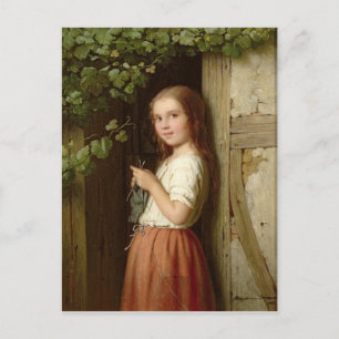 Young Girl die in een Doorway Knitting staat, 1863 Briefkaart